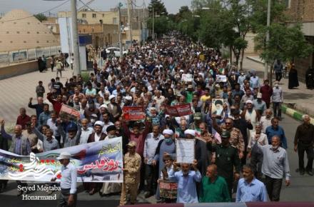 حضور گسترده و پرشور مردم روزه دار دارالشهدا آران و بیدگل در راهپیمایی روز جهانی قدس